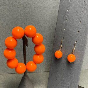 Stretch Bracelet Dangle Earrings Set Retro Orange Round Bead Silver Hook Retro